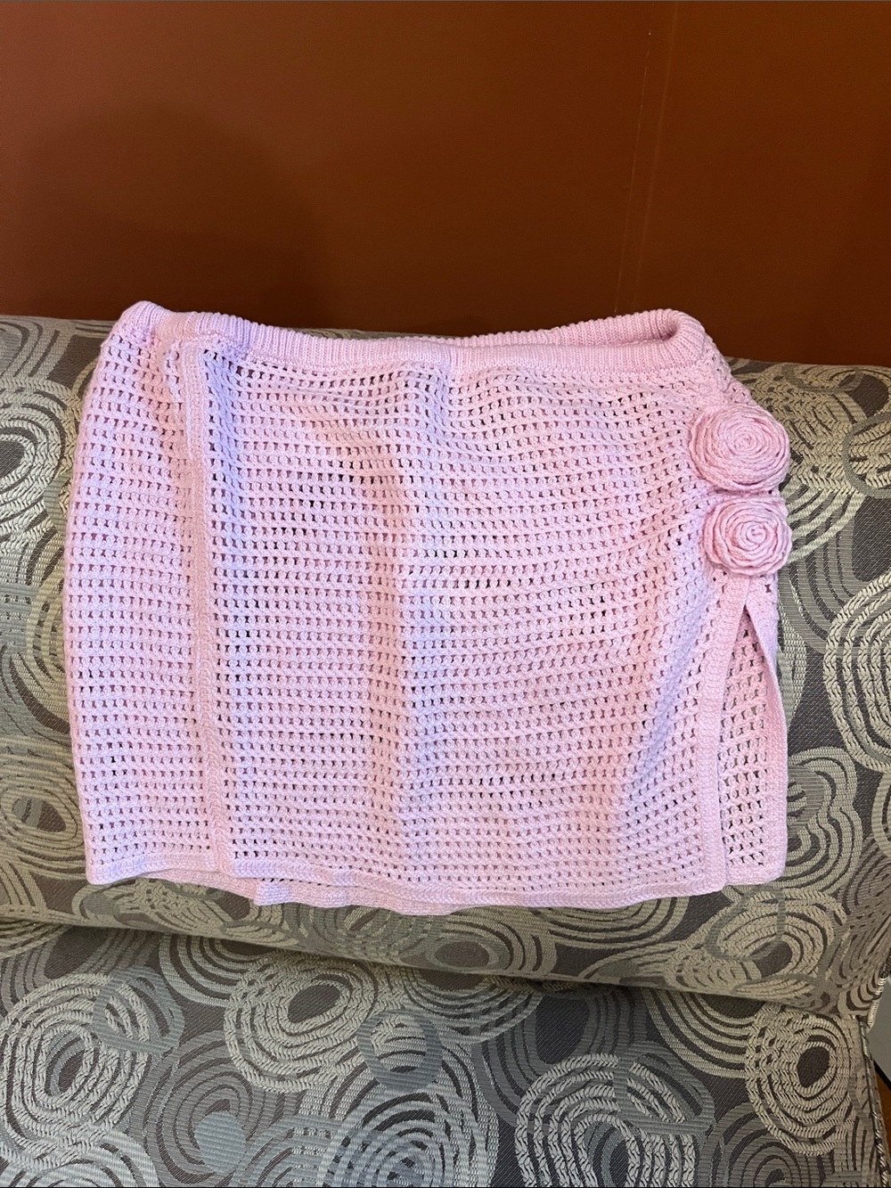 Pink Crochet Mini Skirt with Rose Detail